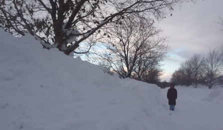 person standing next to large snow pile. 