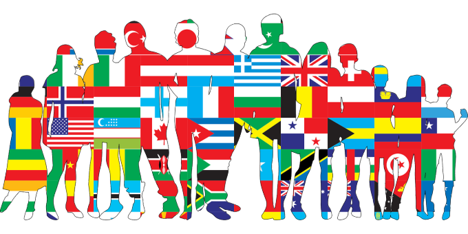 international students with flag overlay. 