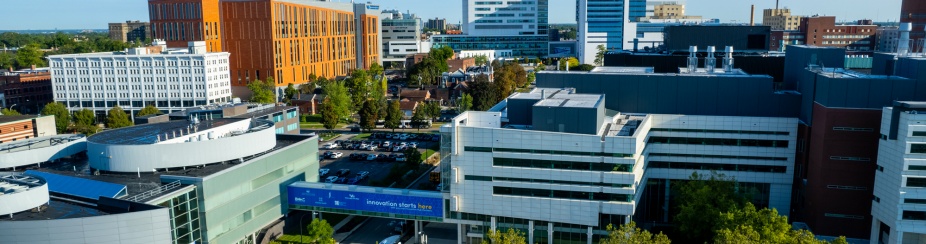 Zoom image: Aerial view of UB medical school and medical corridor in downtown Buffalo.