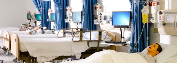 Hospital beds with manikins. 