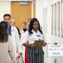 Graduate students in the Adult-Gerontology Nurse Practitioner and Family NP programs gathered in April 2025 at the Medical School Building in downtown Buffalo for a simulation. The students evaluated an actor-patient in a clinic setting. Gail Markowski, with the School of Nursing, helped organize the assessment. 