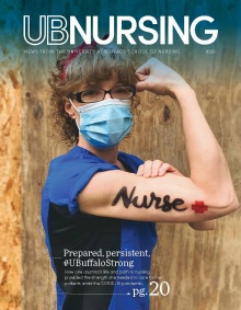 UB Nursing 2020 magazine cover with nurse flexing. 