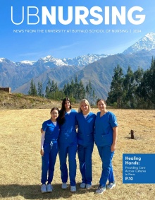 2024 UBNursing magazine cover with four nurses in scrubs with Andes Mountains in the background. 