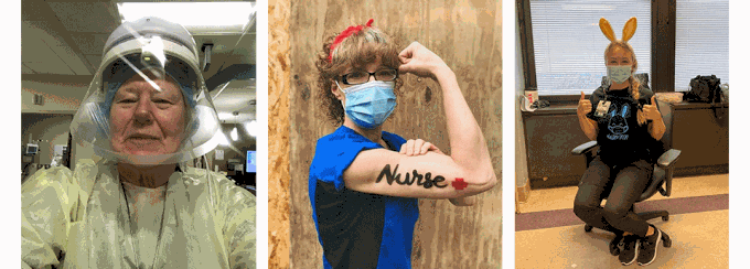Three alumni photos. The first is wearing PPE in a clinical setting. The second looks like Rosie the Riveter with the word nurse painted on her arm. The third is wearing a shirt with a bunny wearing a mask for Easter. 