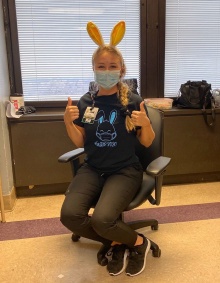 Alumna Ashley Ward wearing a shirt that says Easter 2020 and has an image of a bunny wearing a mask. 