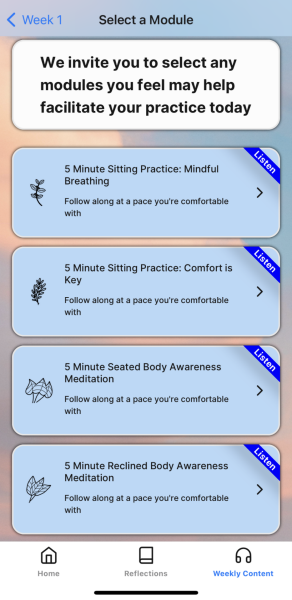 Zoom image: This weekly content page provides a list of modules to help users to facilitate their mindfulness practices. 