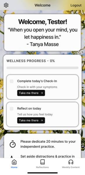 Zoom image: The welcome screen displays users' wellness progress percentage and assigns tasks. 