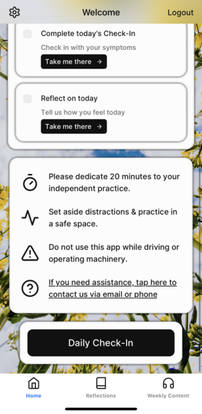 Zoom image: The bottom half of the welcome screen includes tips for safely and successfully accessing the app and includes a link for daily check-in. 